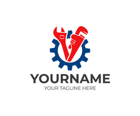 Plumbing service, gear, adjustable wrench and pipe wrench, logo design. Engineering, heavy industry and mechanical engineering, vector design and illustration
