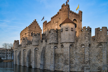 GENT, BELGIUM - FEBRUARY 17, 2019: Castle of the Counts of Flanders, an ancient powerful fortress of the XII century. Weapons museum