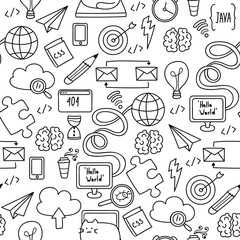 Doodle seamless pattern with web development objects. Programmer items in cartoon outline.