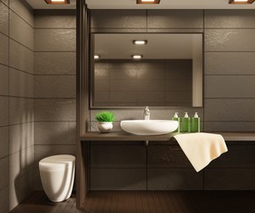 Fototapeta na wymiar Bathroom interior with mirror and white sink. 3D rendering.
