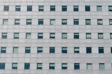Grey background of a business building with flowers and other materials near the windows