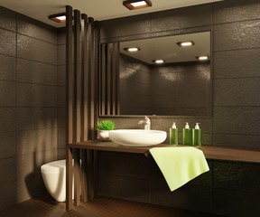 Modern bathroom interior with a wooden table and marble tiles. 3D rendering.