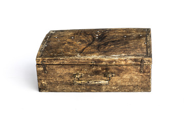 ancient wooden suitcase on a white background