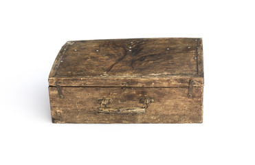 ancient wooden suitcase on a white background