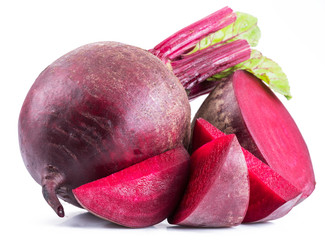 Red beet or beetroot with slices on white background.