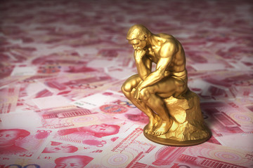 Gold Sculpture Thinker Over Money Chinese Yuans