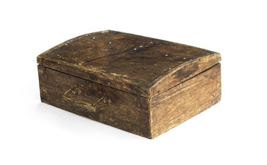 ancient wooden suitcase on a white background