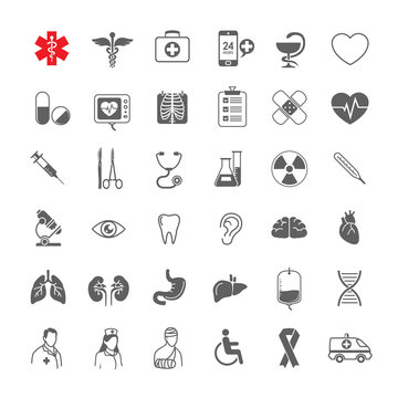 Line medical icons set general, tools, organs, symbols