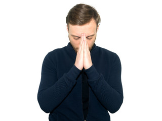 young guy dressed casually isolated on white background, having