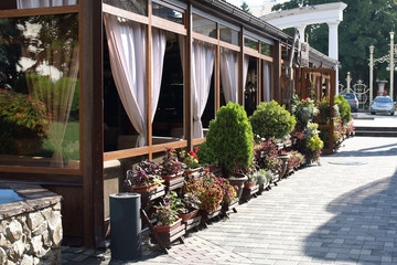 View of the cafe building with flowers and plants. Pyatigorsk, Russia