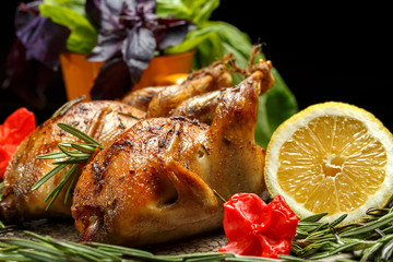 Ready delicious roasted quail with herbs and greens rosemary, basil close-up.