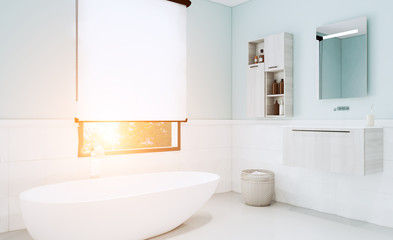 Fototapeta na wymiar Blue bathroom with modern furniture and decorative tiles. 3D rendering. Mockup. Sunset