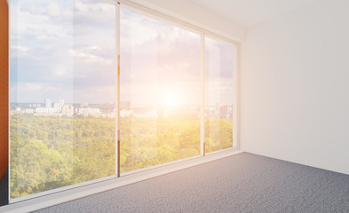 Empty room in the business center, in bright colors. Office background. 3D rendering. Sunset. mockup