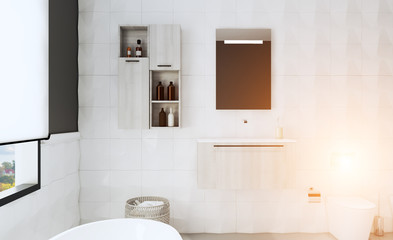 Modern light furniture. Spacious large bathroom.. 3D rendering. Mockup. Sunset