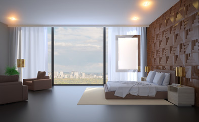 Modern bedroom design, Double bed. 3D rendering. Blank paintings