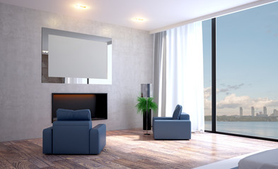 Modern grey bedroom interior. 3D rendering. Blank paintings