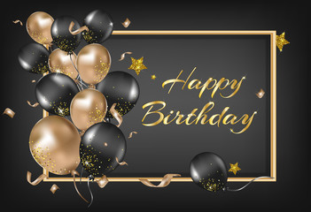 Happy Birthday greeting card. Golden and black balloons on the frame. Party decorations, confetti, serpentine, sparkles, lights and stars.Vector background.