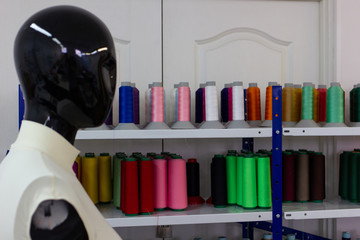 Shelf with multi-colored skeins of thread
