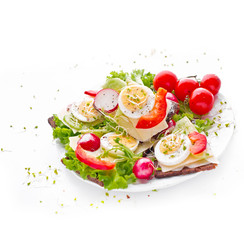 Dietary sandwiches. Dark bread, salads, eggs, cheese and tomatoes