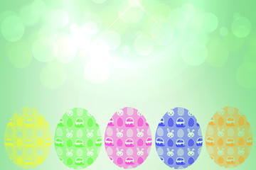 Fototapeta na wymiar Happy easter background. Abstract delicate light green spring background texture with green bokeh lights and five colorful easter eggs. Space for your design. Beautiful texture.
