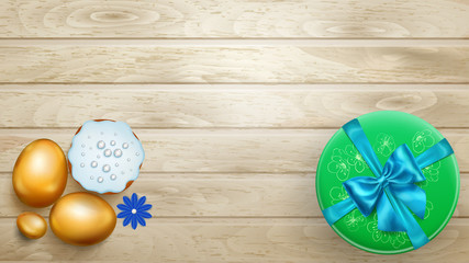 Realistic golden Easter eggs, tasty cake and beautiful gift box with bow on wooden planks