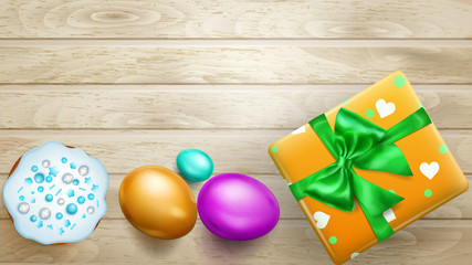 Realistic colored Easter eggs, tasty cake and beautiful gift box with bow on wooden planks