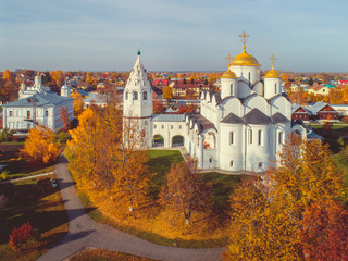 Golden domes of Suzdal Pokrovsky Cathedral in the fall. Suzdal is part of the tourist route called the Golden Ring of Russia.