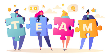 Vector illustration business teamwork concept. Flat people characters with pieces of puzzle. Business people connecting puzzle elements. Concept of solution, partnership, cooperation.Team metaphor.