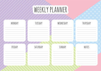 Weekly planner template with daily plans and notes on abstract geometrical background. Vector