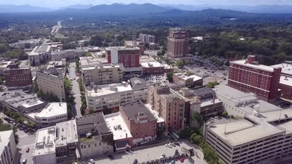 Aerial flyover of Asheville, North Carolina in the USA.