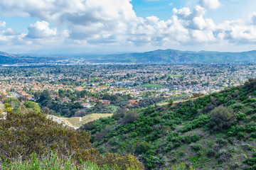late morning view of suburbs with white clouds for text