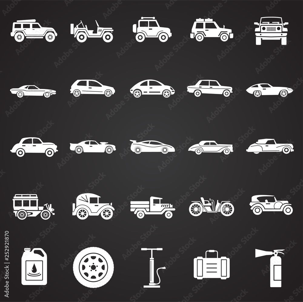 Poster cars icons set on black background for graphic and web design. simple vector sign. internet concept 