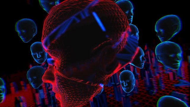 Geometric laser landscape with human broken face in a tunnel. Seamless neon retro futuristic animation with shallow depth of field.