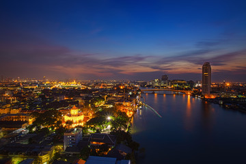 Bangkok City Scape, Thailand night. Panorama of Chao Praya River in Bangkok. View of phra Sumen fort  with grand Palace and Emerald budha temple in the background, Bangkok Thailand. 13 January 2019