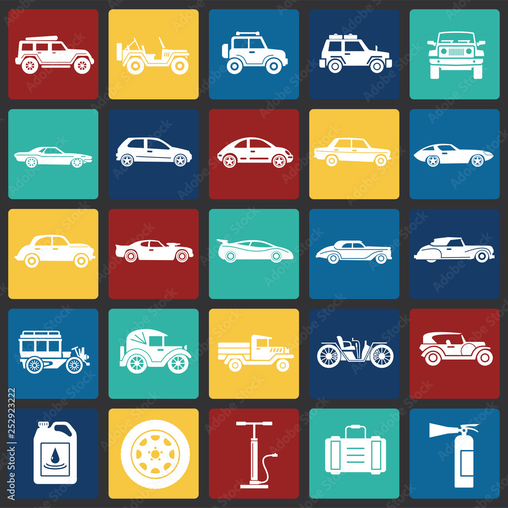 Poster cars icons set on color squares background for graphic and web design. simple vector sign. internet 