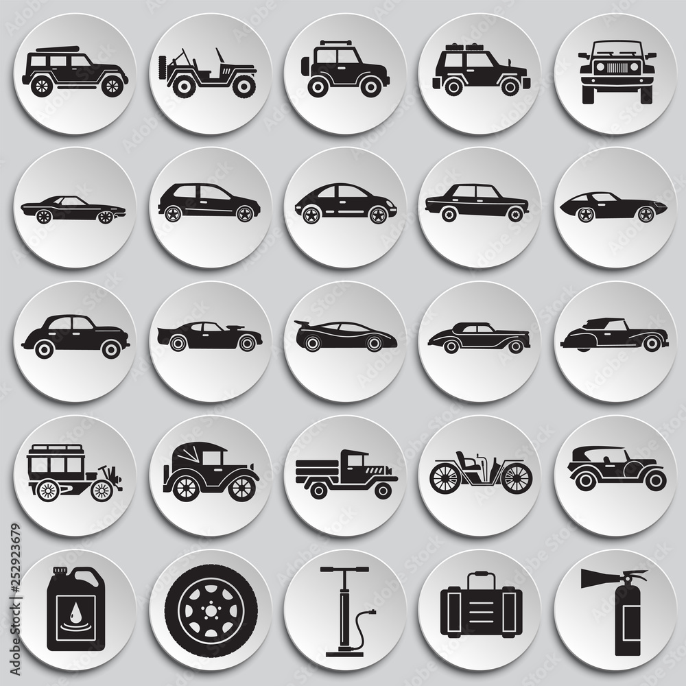 Poster cars icons set on plates background for graphic and web design. simple vector sign. internet concept