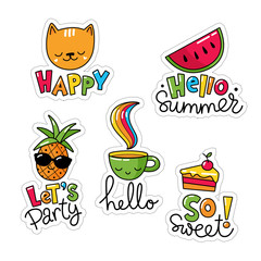 Set of cool stickers, patches with food and summer elements. 
