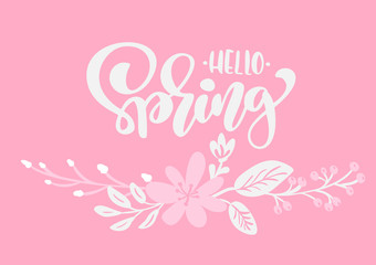 Bouquet of flowers vector greeting card with text Hello Spring. Isolated flat illustration on pink background. Spring scandinavian hand drawn nature design