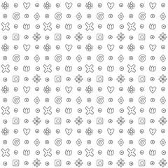 Geometric vector seamless pattern with different geometrical hand drawn forms. Square, triangle, rectangle, dots, circles, hearts, flowers. Graphic design. Abstract background black white Illustration