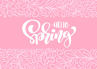 Vector greeting card with text Hello Spring. Isolated flat illustration frame on pink background. Spring scandinavian hand drawn nature design ornament