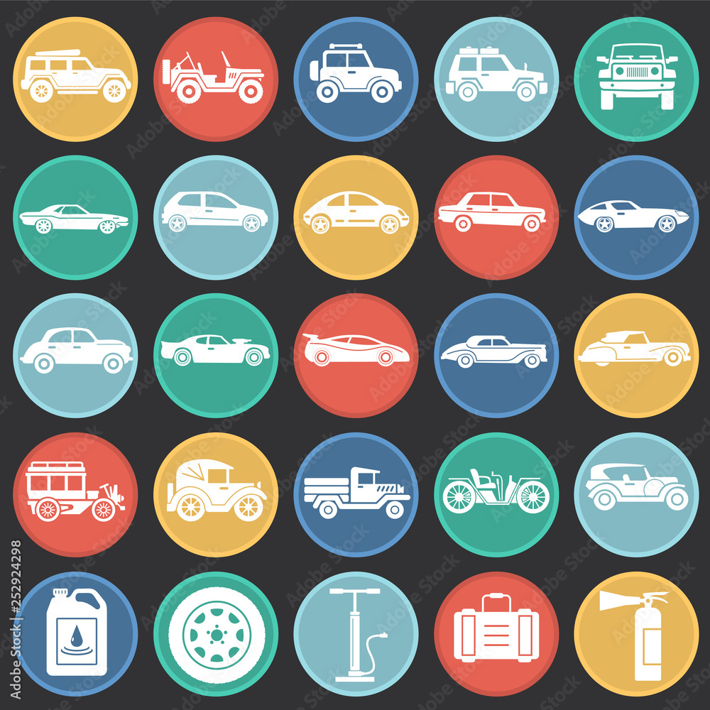 Poster cars icons set on color circles background for graphic and web design. simple vector sign. internet 