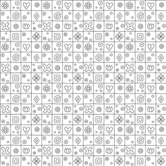 Geometric vector seamless pattern with different geometrical hand drawn forms. Square, triangle, rectangle, dots, circles, hearts, flowers. Graphic design. Abstract background black white Illustration