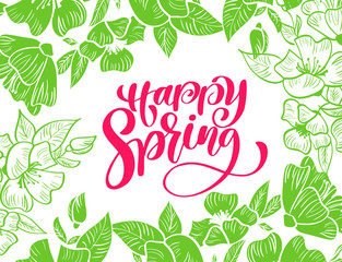 Green Flower Vector frame for greeting card with red text handwritten Happy Spring. Isolated flat floral illustration on white background. Scandinavian hand drawn nature design