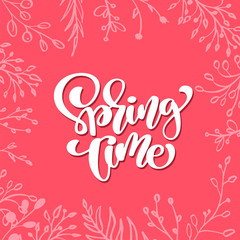 Cute Vector floral frame for greeting card with handwritten text Spring Time. Isolated flat scandinavian illustration on red background. Hand drawn nature design