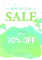 St Patricks Day sale banner, super discount template. Abstract green shapes background with clovers