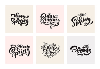 Set of Spring Calligraphy lettering handwritten phrases. Vector Hand Drawn Isolated scandinavian text kit. Cute vintage design for greeting card, scrapbook, print