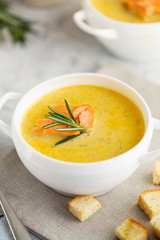 Fish cream soup with Salmon, cheese, Potatoes and herbs
