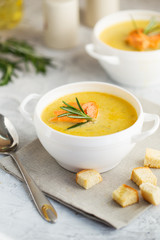 Fish cream soup with Salmon, cheese, Potatoes and herbs