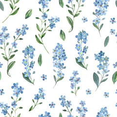 Watercolor seamless pattern of gentle blue flowers of forget-me-not with green leaves on white background. © Kateryna