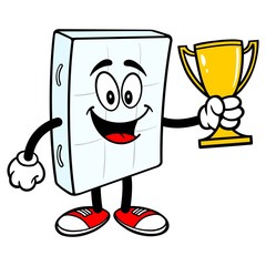 Bed Mattress Mascot with a Trophy - A vector cartoon illustration of a bedroom mattress mascot holding a Trophy.